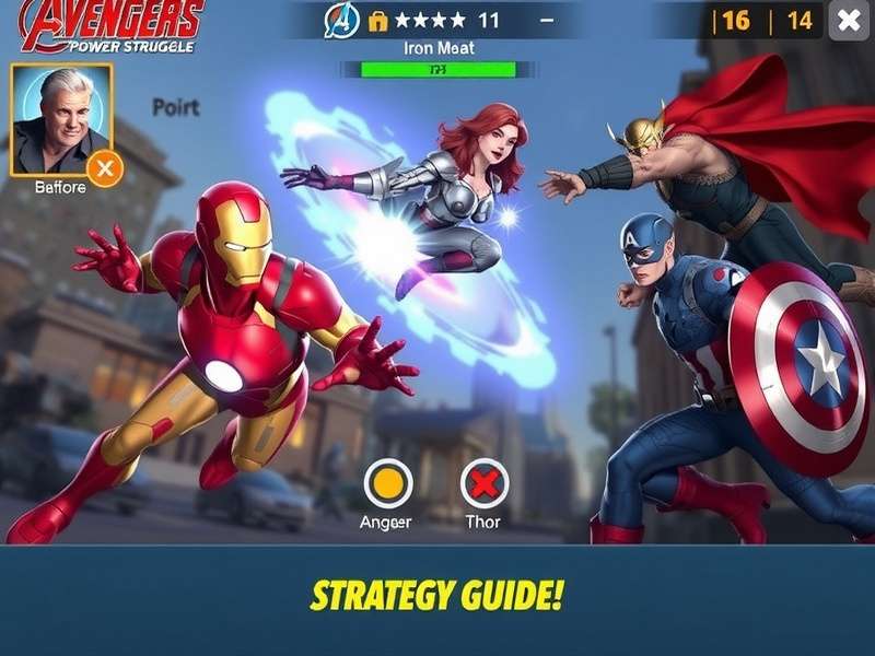 Avengers Power Struggle gameplay screenshot showing multiple superheroes in battle