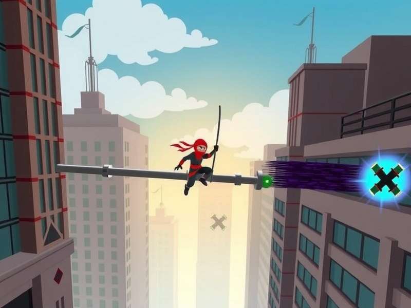 Ninja Swing Adventure gameplay screenshot showing ninja character swinging between buildings
