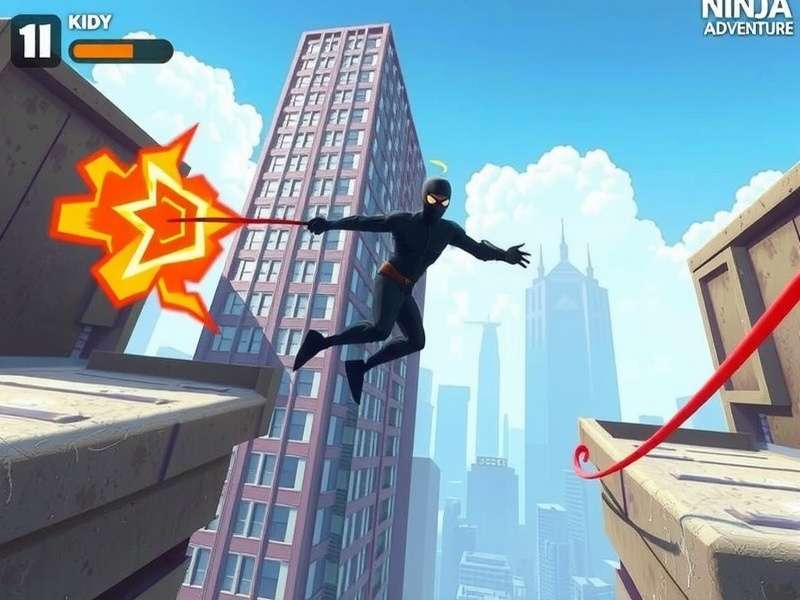 Ninja character performing advanced swinging maneuver between skyscrapers