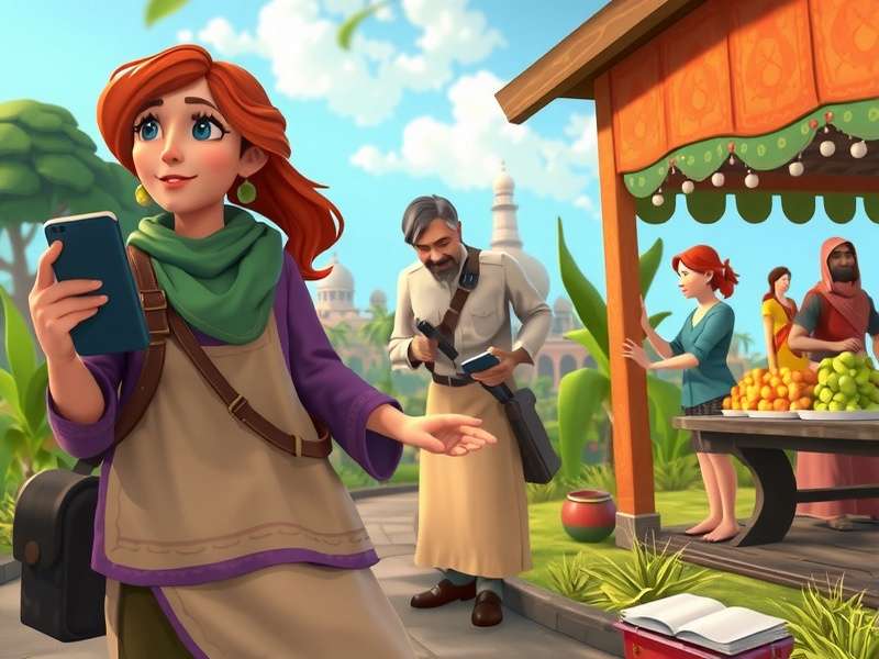 Bay Leaf Voyage character interacting with traditional Indian market