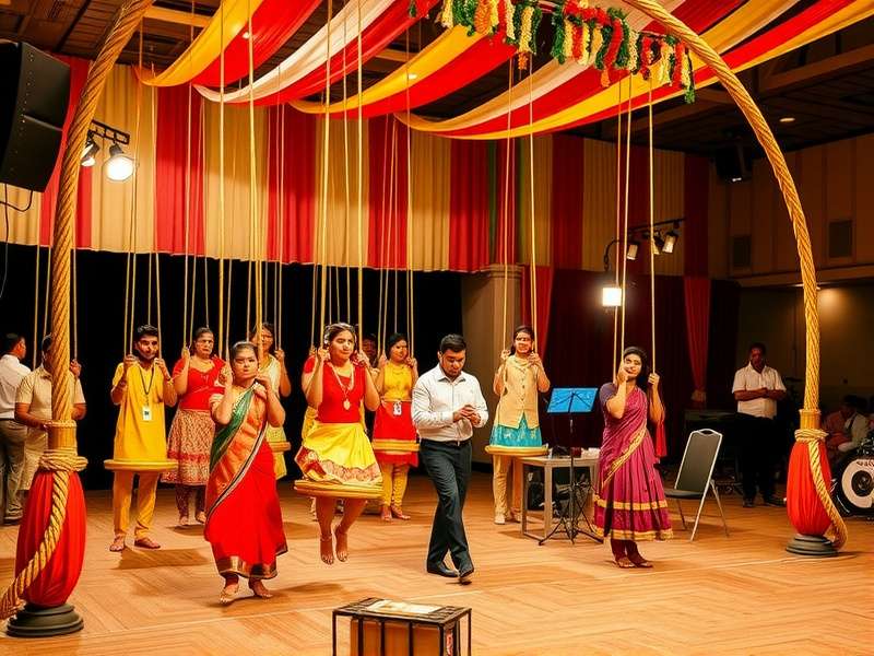 Traditional Jhumka Swing Spectacle performance showing participants in coordinated swinging motions