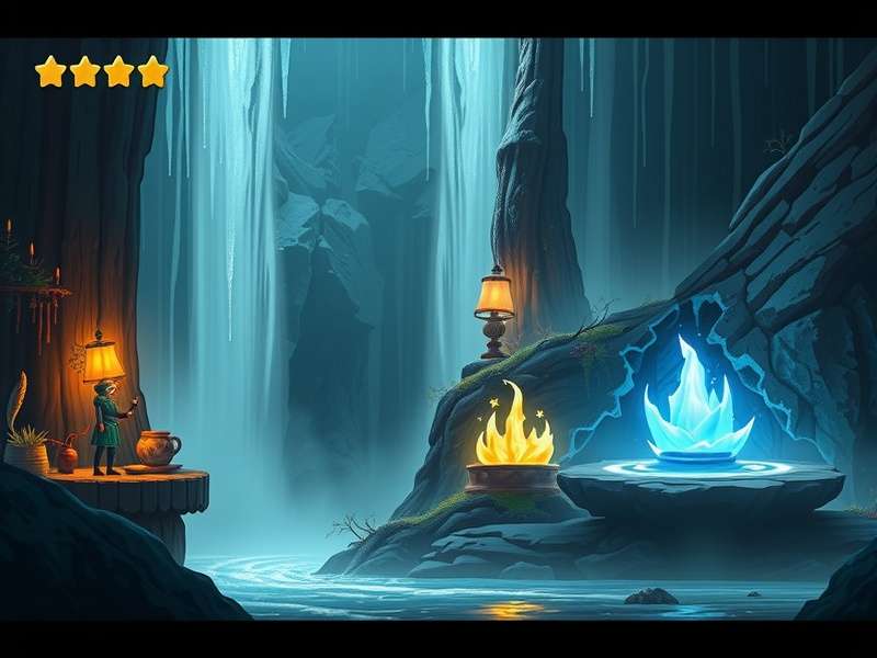 Himalayan Waterfall Wizard puzzle-solving scene with elemental magic