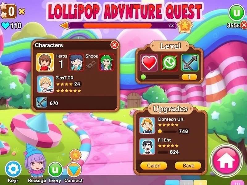 Lollipop Adventure Quest level progression and upgrade system interface