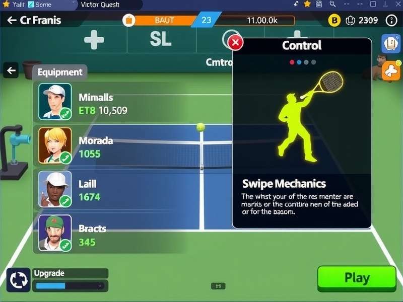Tennis Clash Victory Quest control tutorial showing swipe mechanics