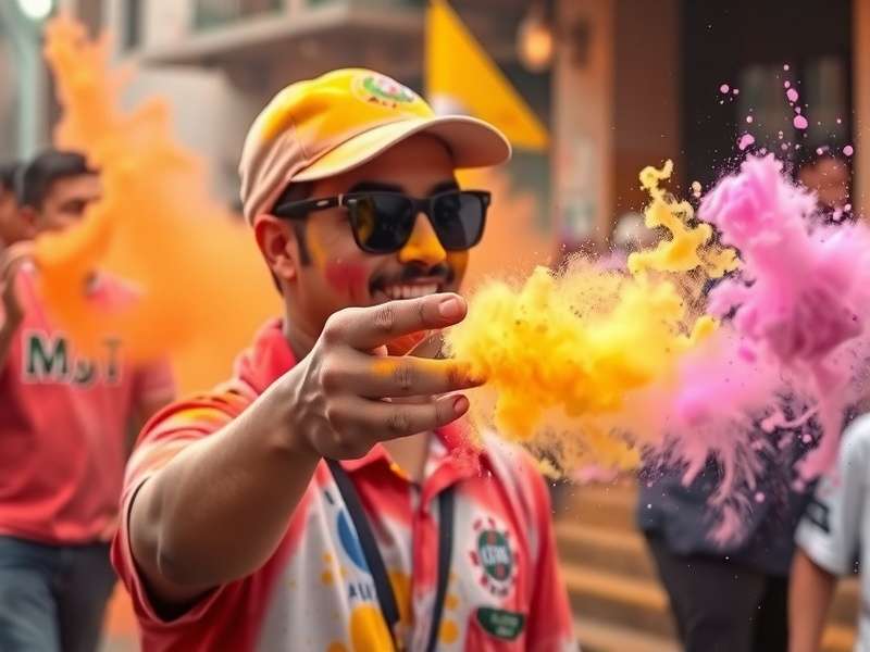 Holi Color Challenge celebration with people throwing colored powder