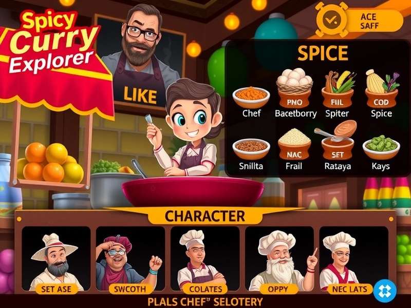 Spicy Curry Explorer character selection screen showing diverse chefs
