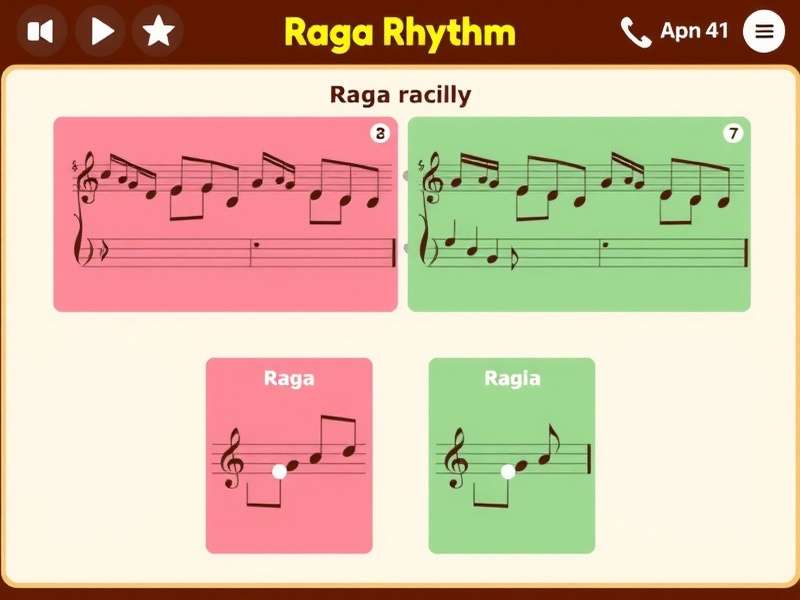 Raga Rhythm gameplay interface showing musical notes and Indian classical instruments