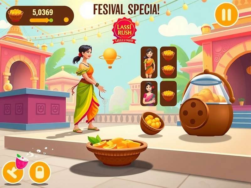 Lassi Rush Guru gameplay screenshot showing vibrant Indian aesthetics