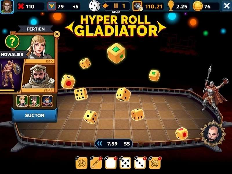 Hyper Roll Gladiator gameplay screenshot showing character selection and arena combat