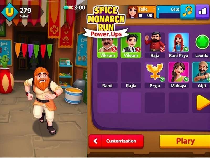 Spice Monarch Run gameplay screenshot showing character running through colorful Indian market