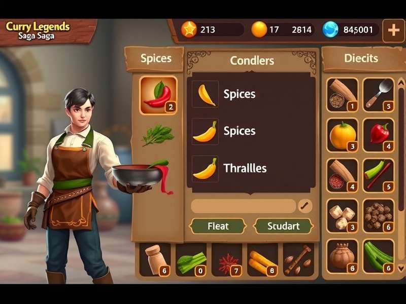 Curry Legend Saga resource management interface showing spices and ingredients