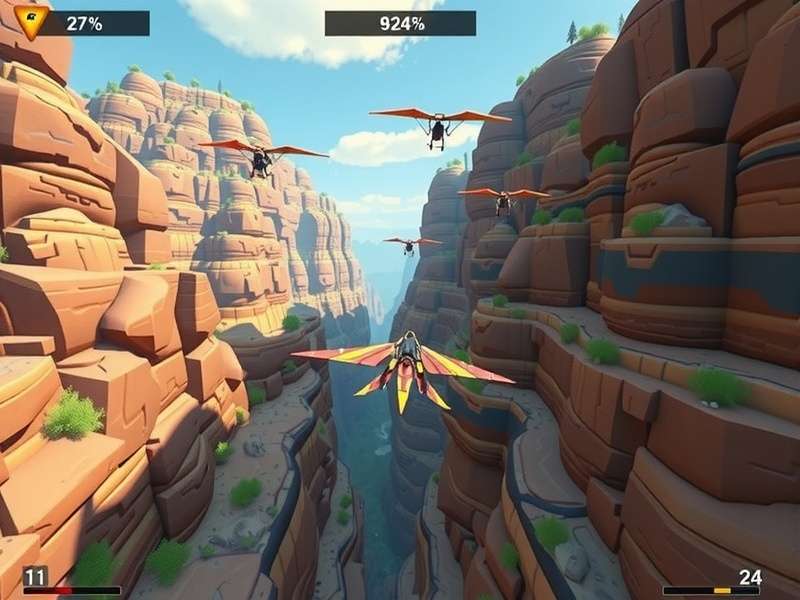 Gorge Glider Pro gameplay screenshot showing character gliding through canyon