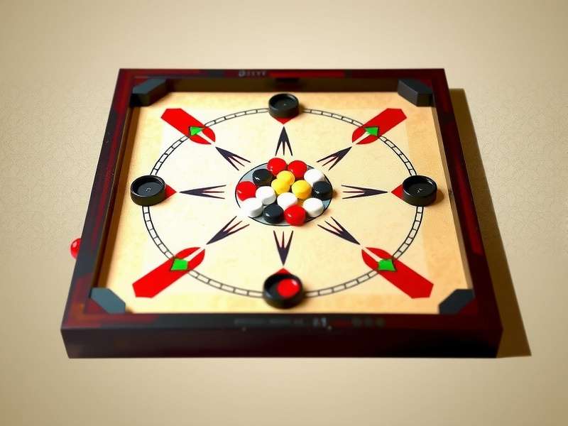 Proper carrom board setup with pieces arranged in center