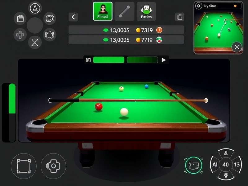 Billiards City Hero gameplay interface showing pool table and controls