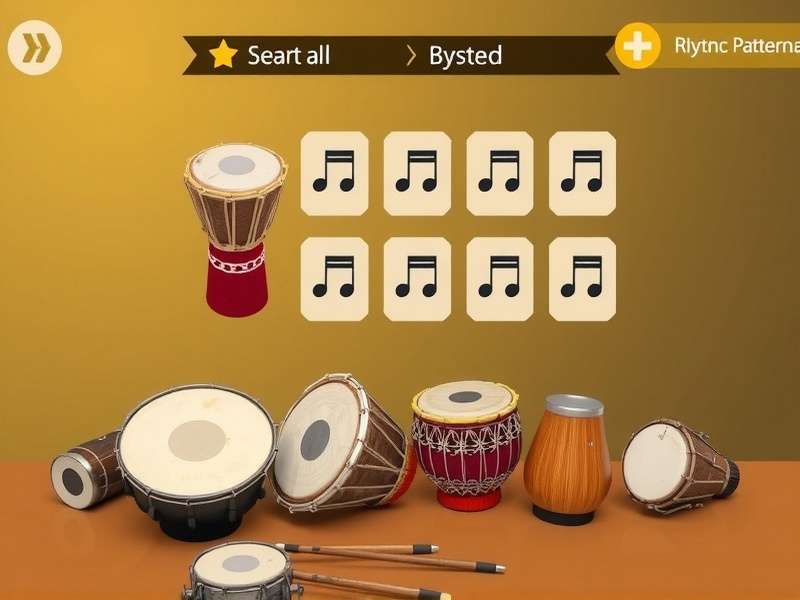 Desi Drum Beats gameplay interface showing traditional Indian instruments