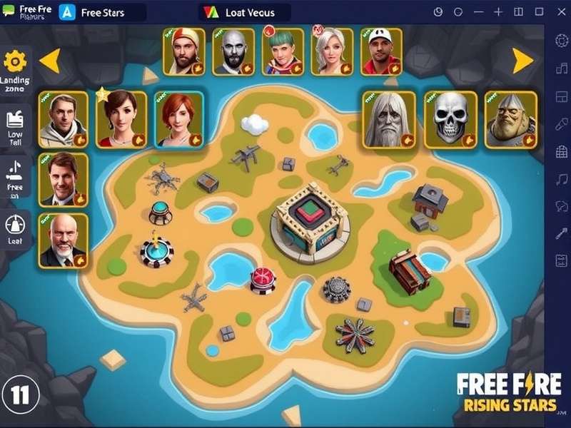 Free Fire Rising Stars map strategy showing landing zones and loot locations
