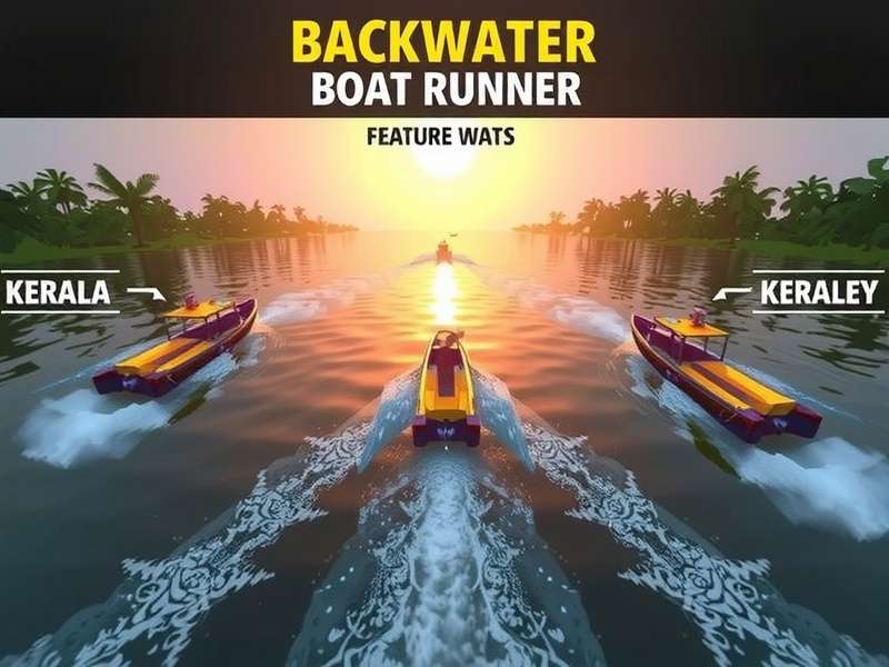 Backwaters Boat Runner gameplay screenshot showing boat racing in Kerala backwaters